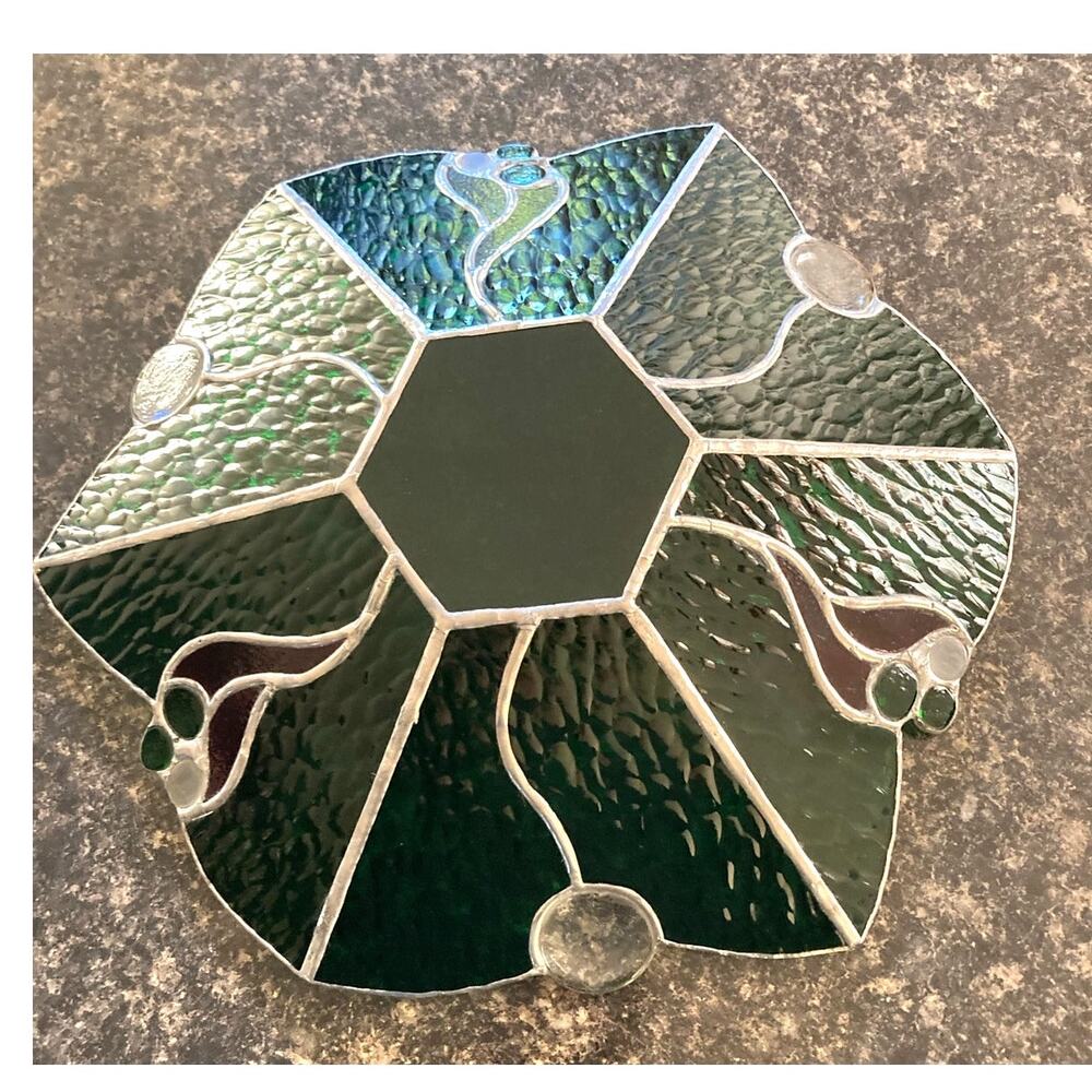 Stained Glass Platter/ Shallow Bowl Green 13" Across - Beautiful Unique